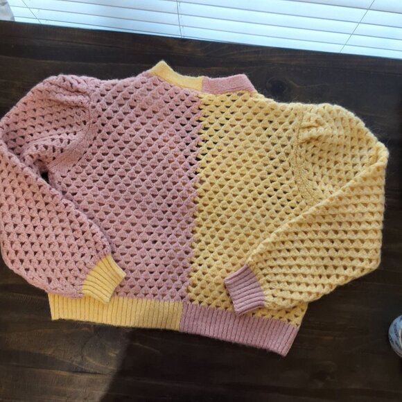 Zara Pink & Yellow Colorblock Crocheted Cardigan Jeweled Button Puff Sleeve Sz S - Picture 9 of 9